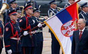 Russian Security Council Secretary Nikolai Patrushev reviews the police honor guard upon his arrival at the Serbia Palace to meet with Serbian Interior Minister Nebojsa Stefanovic, in Belgrade, Serbia, Wednesday, Oct. 26, 2016. Russia's top security official is urging closer cooperation with Serbia as part of increased efforts by Moscow to step up its influence the traditional Balkan ally seeking European Union membership. (AP Photo/Darko Vojinovic)