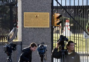 WASHINGTON, Dec. 29, 2016 Journalists are seen outside the Russian Embassy to the United States in Washington D.C., the United States, on Dec. 29, 2016. The White House on Thursday announced sanctions against Russian entities and individuals over alleged hacking during the 2016 U.S. presidential election. In addition, the U.S. State Department on Thursday announced ejection of 35 Russian government officials from the United States. (Credit Image: © Yin Bogu/Xinhua via ZUMA Wire)